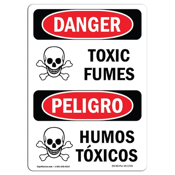 Safety Sign, OSHA Danger, 5" Height, Toxic Fumes, Bilingual Spanish, 10PK